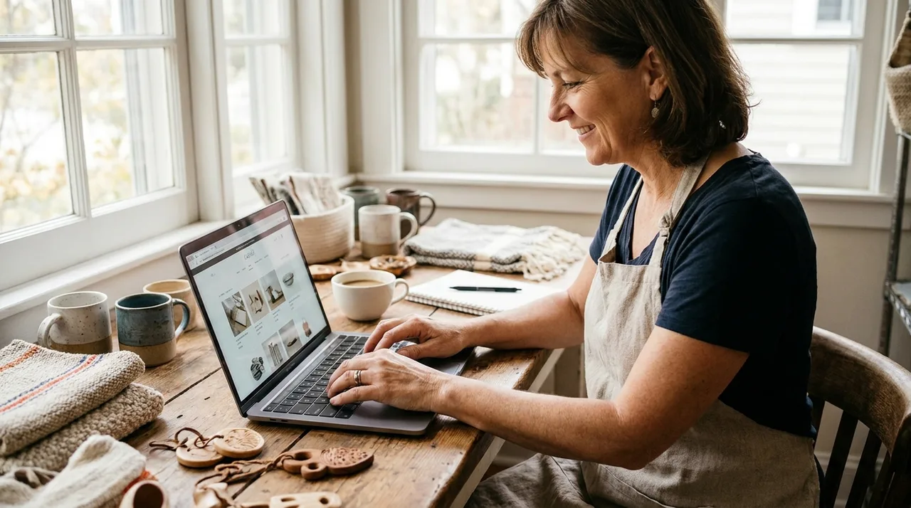 Handmade-goods seller optimizing an online shop listing on a laptop at a bright wooden desk